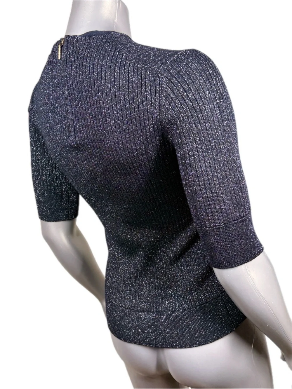 Tory Burch | Navy Blue Ribbed Short-Sleeve Metallic Knit Top - Silver Sparkle